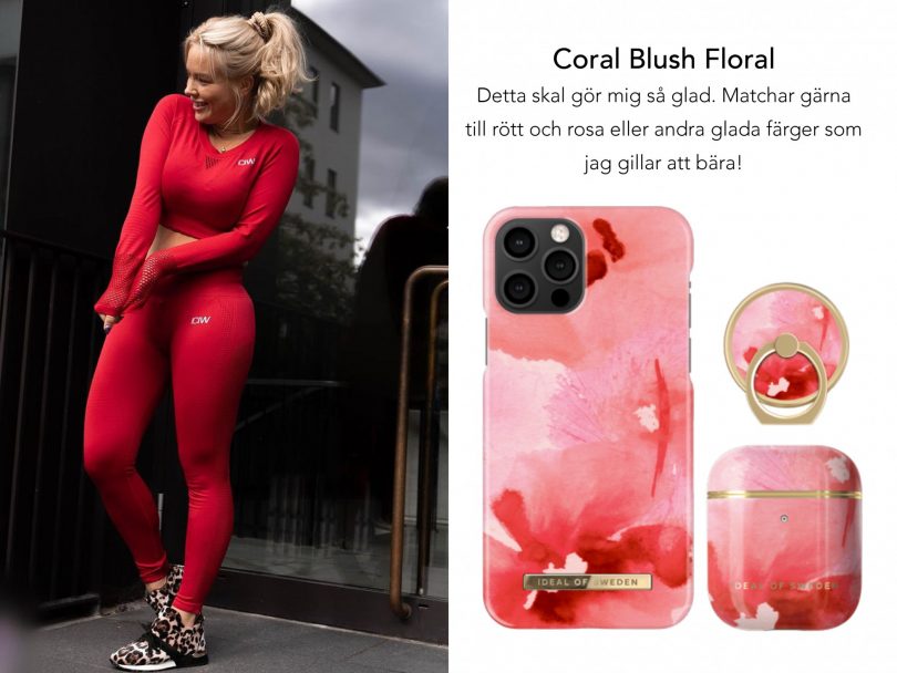 My har på sig ett rött träningsset från ICANIWILL till det matchar hon Ideal of Sweden's nya skal Coral Blush Floral